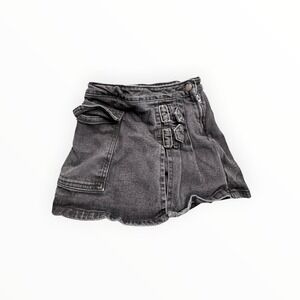 C&A Denim Skort Girls 9-10 Black Washed Cargo Double Buckle Mini Skirt Shorts